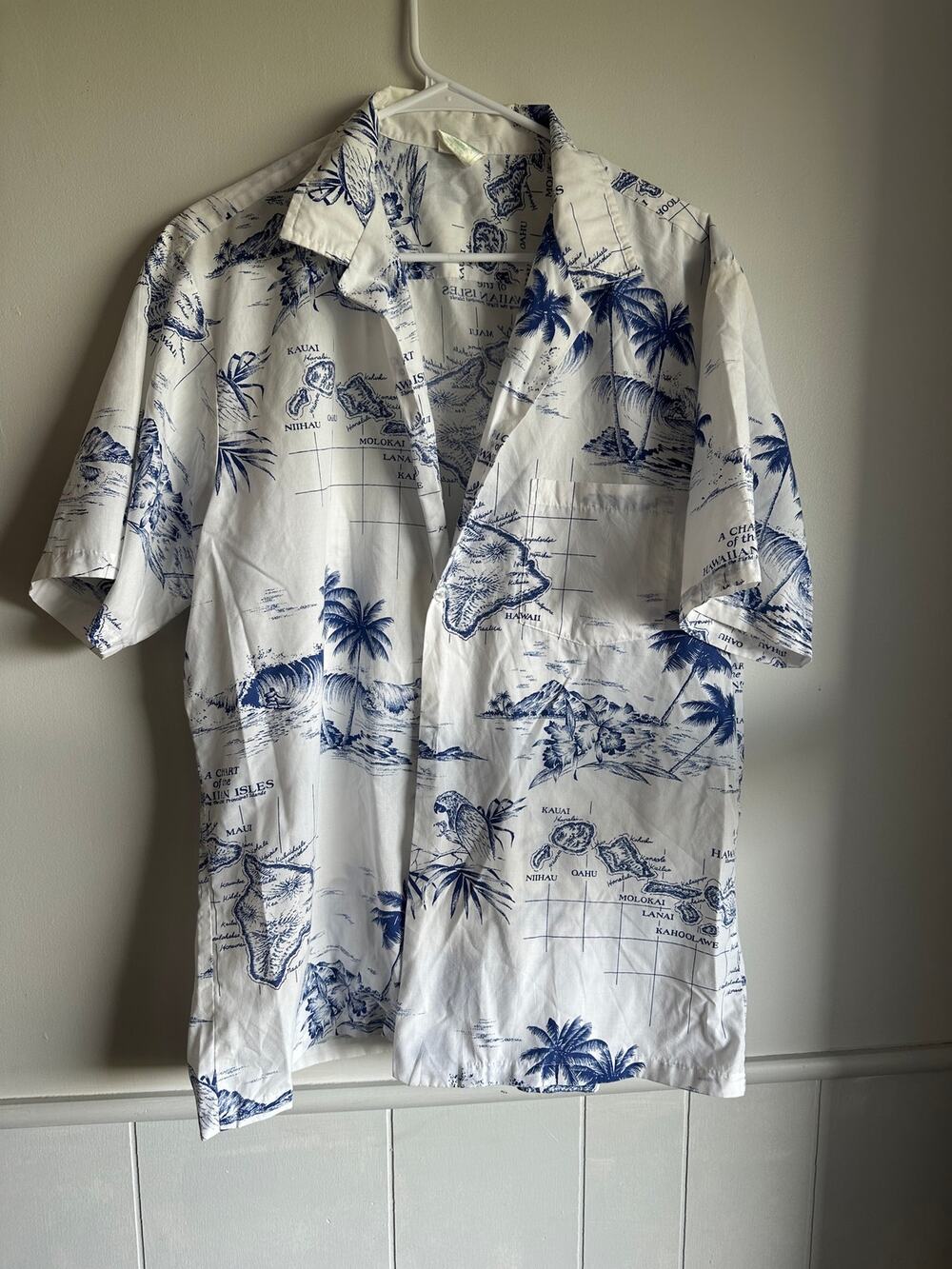 Vintage Jade Fashions Hawaiian Map Print Aloha Camp Shirt White Blue Large
